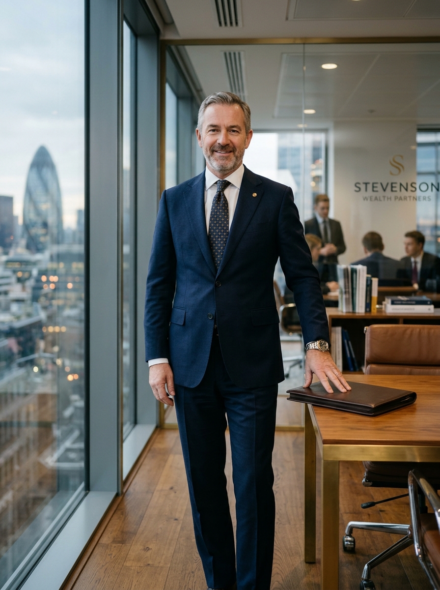 Financial adviser in a glass-walled advisory office