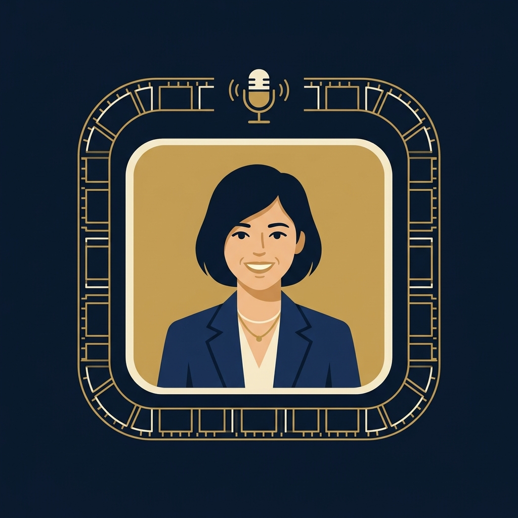 Illustration of a professional framed inside a recording viewport in navy and gold