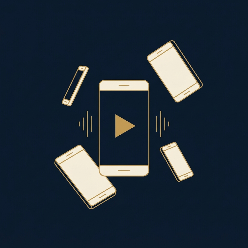 Illustration of a phone and floating phone rectangles with sound waves in navy and gold
